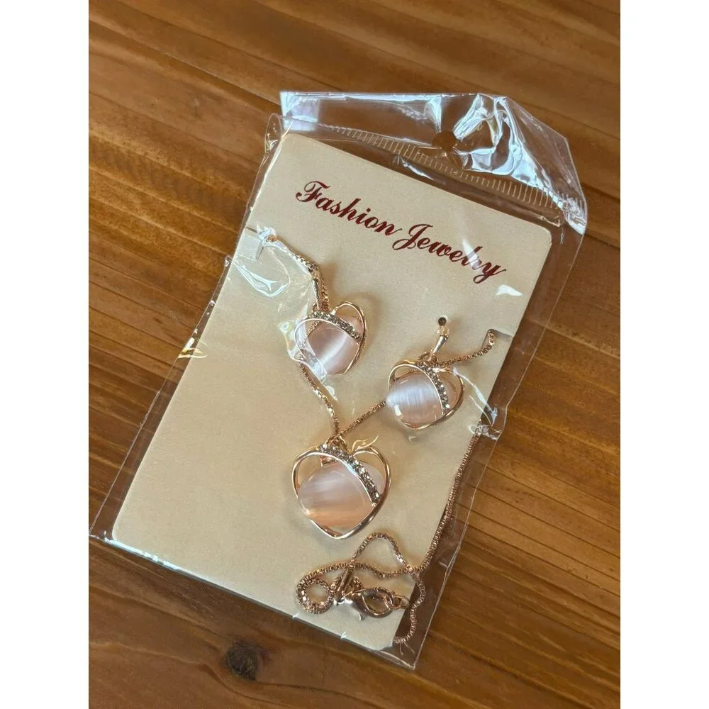 Rose Gold Necklace & Earrings Set With Pink Stone & Rhinestones